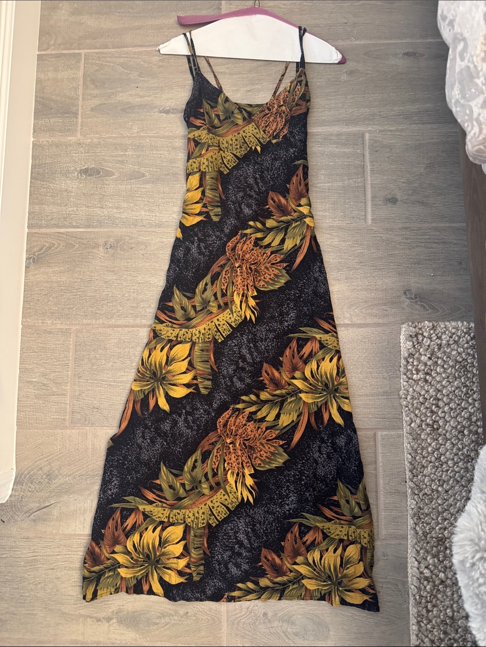 Navy Tropical Slip Dress with Yellow Floral Print